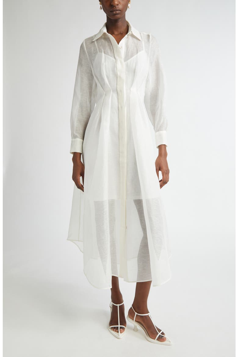 Harmony Draped Long Sleeve Organza Shirtdress, Main, color, IVORY