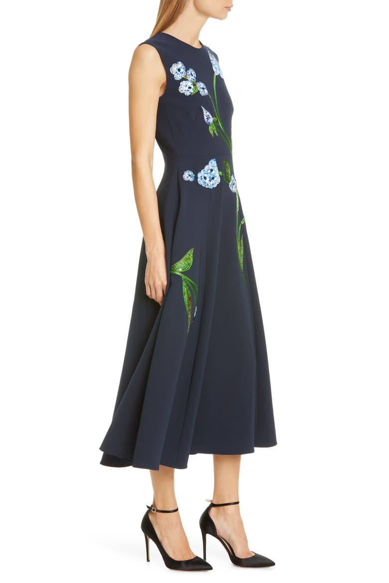 Floral Embroidered Stretch Crepe Midi Dress, Alternate, color, NAVY