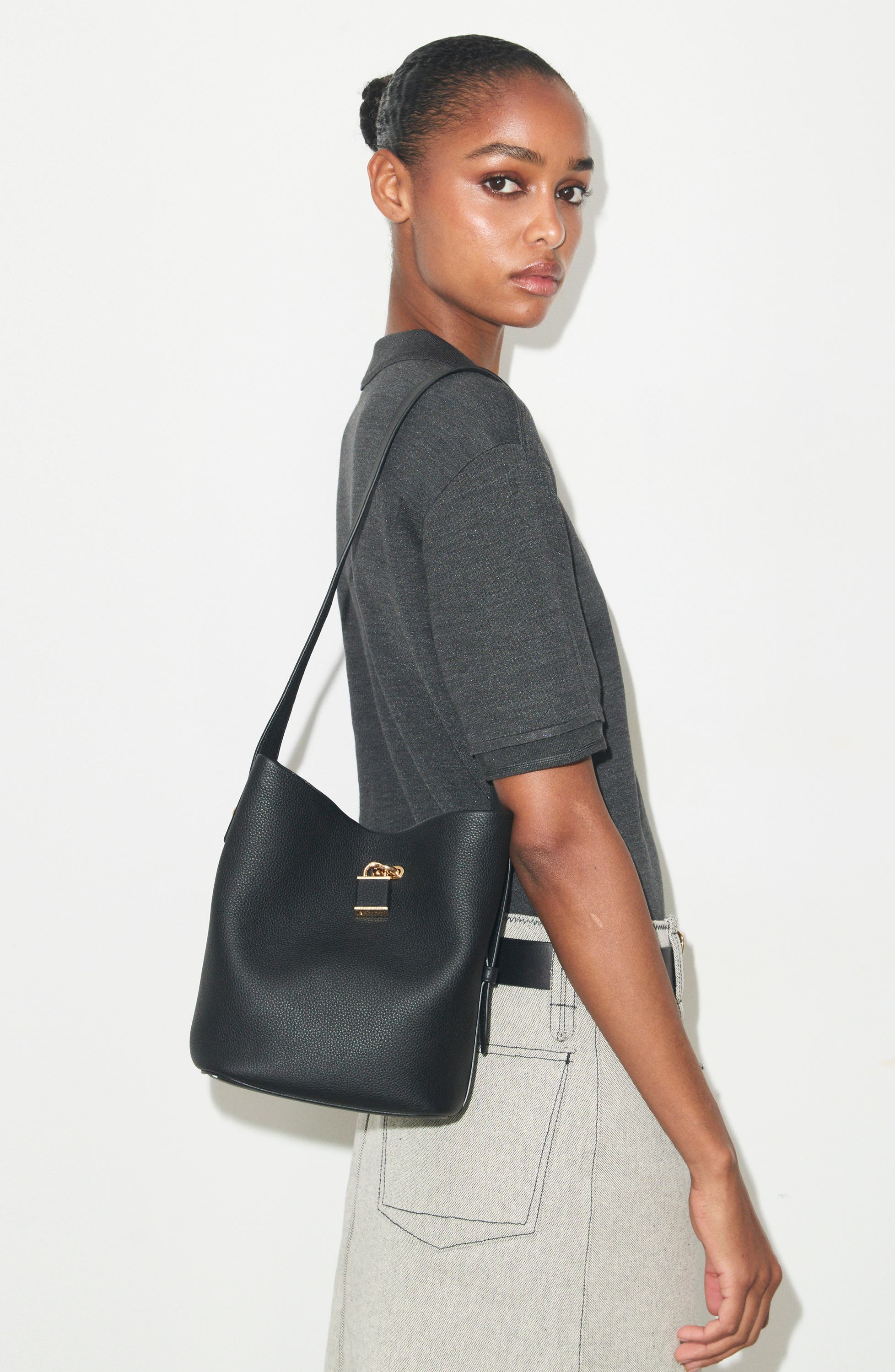 Lock Slim Medium Leather Bucket Bag, Alternate, color, BLACK