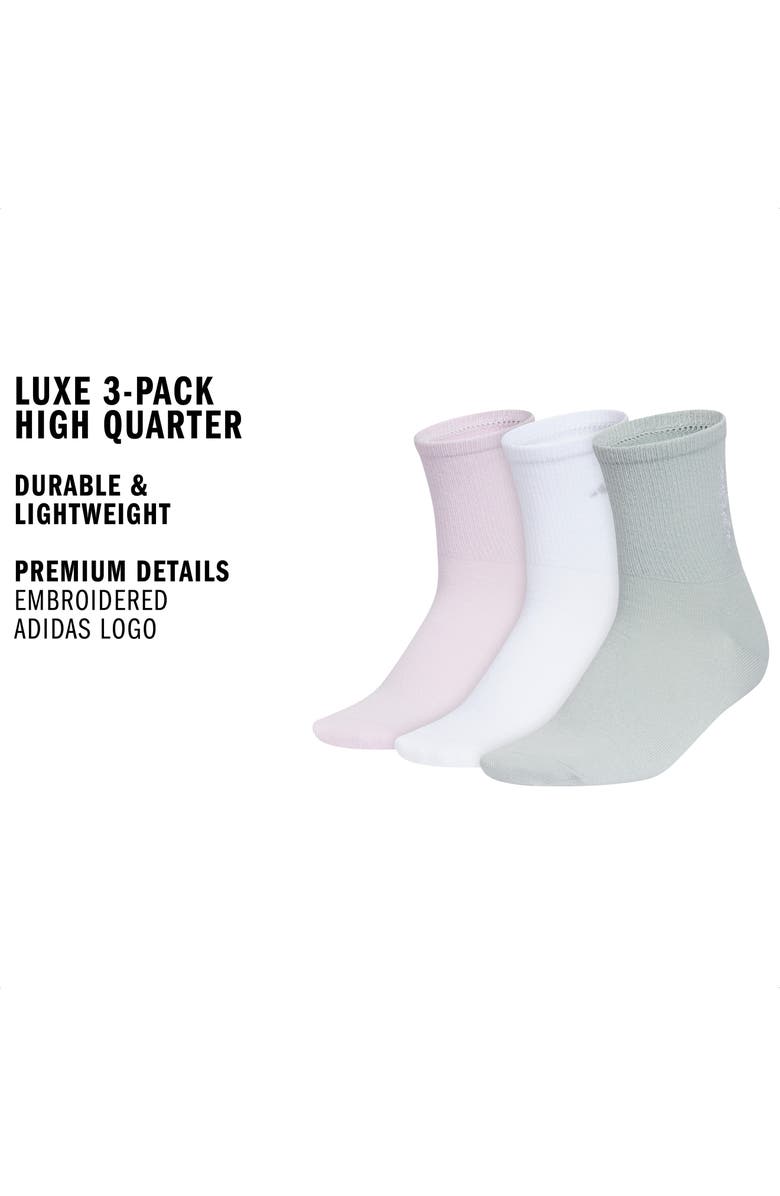 adidas Luxe 3-Pack High Quarter Length Socks, Alternate, color, Ice Lavender/ White/ Sage