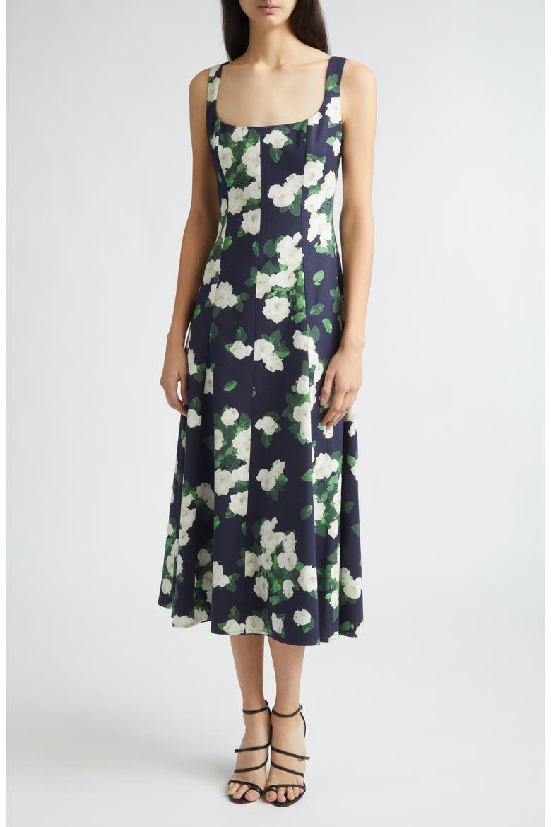 Rose Print Square Neck Sleeveless Midi Dress, Main, color, MIDNIGHT MULTI