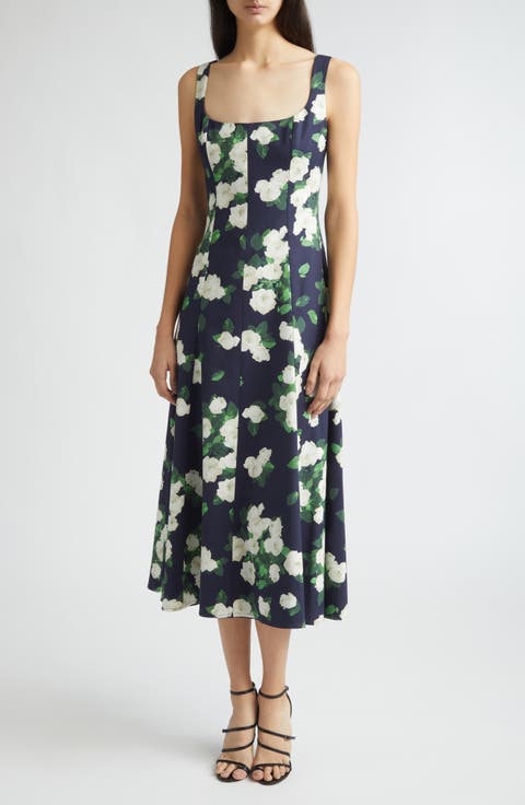 Rose Print Square Neck Sleeveless Midi Dress