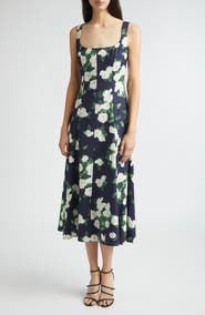Carolina Herrera Rose Print Square Neck Sleeveless Midi Dress