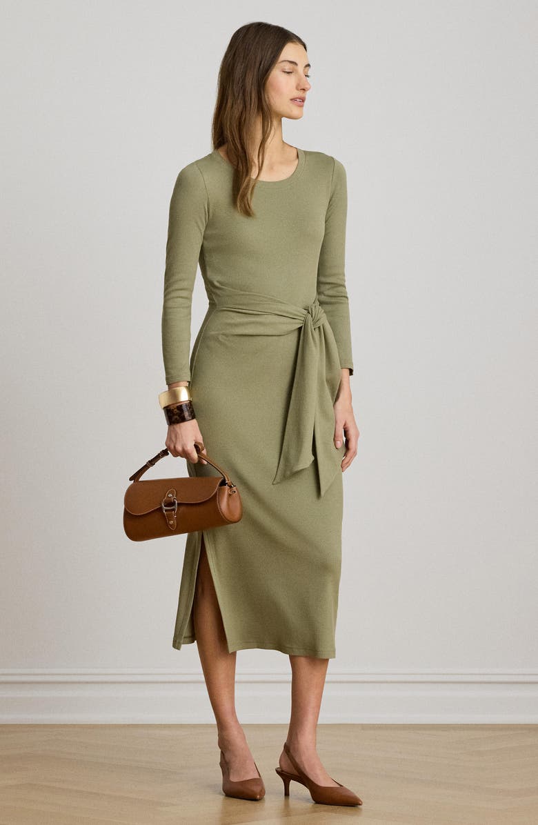 Lauren Ralph Lauren Long Sleeve Tie Waist Midi Dress, Alternate, color, Light Agave Green