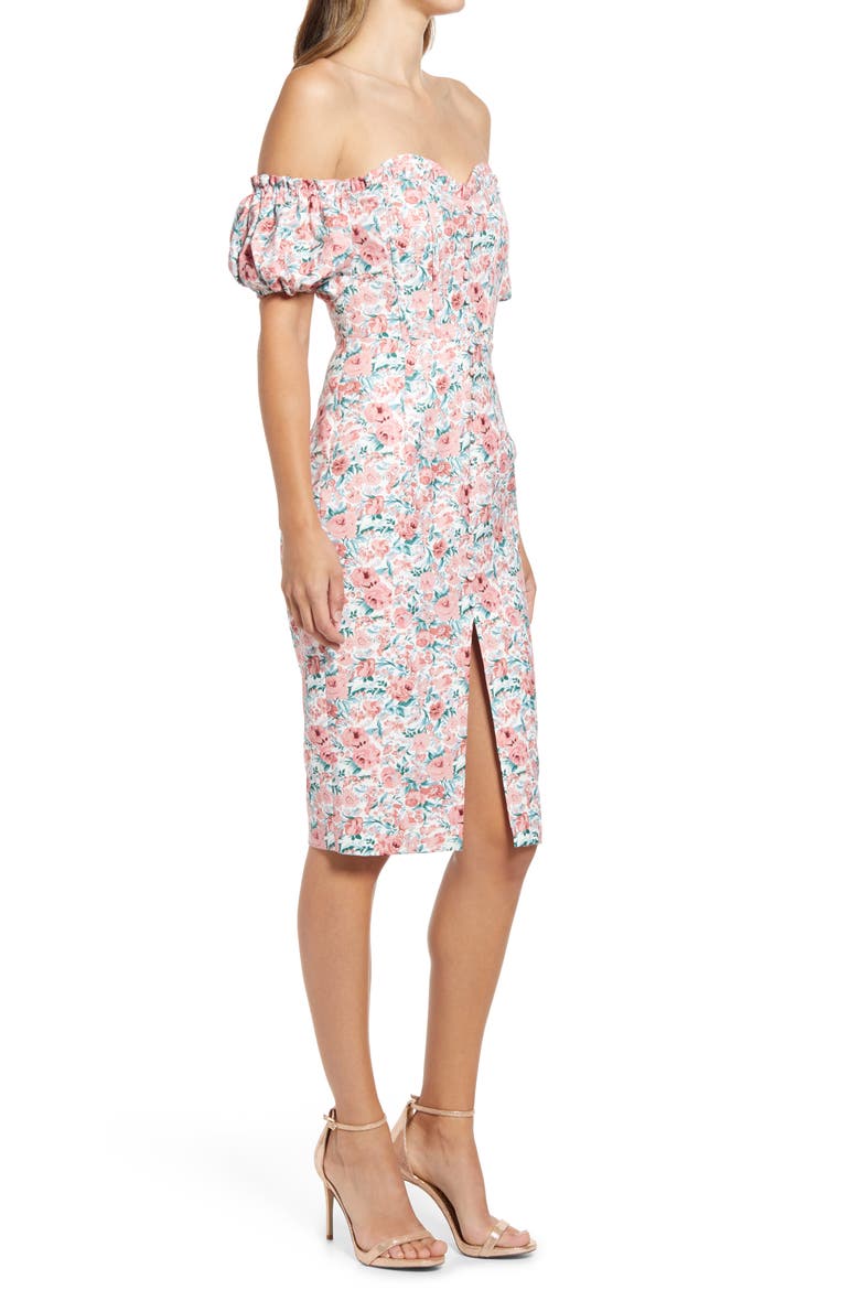 Bonded Floral Off the Shoulder Puff Sleeve Satin Dress, Alternate, color, CORAL FLORAL