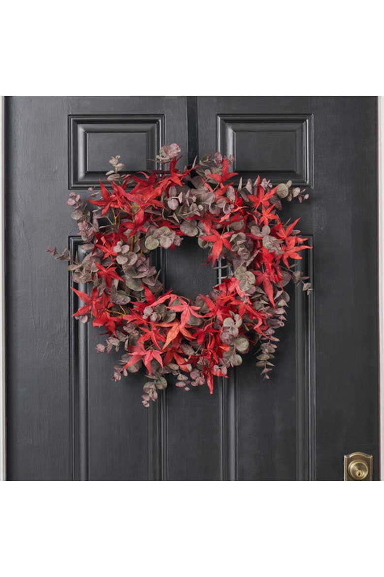 Autumn Evenings - Red Japanese Maple Leaf & Dusty Plum Botanical Eucalyptus Fall Front Door Wreath, Alternate, color, Red
