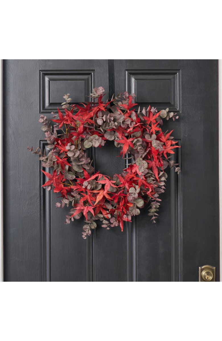 Darby Creek Trading Autumn Evenings - Red Japanese Maple Leaf & Dusty Plum Botanical Eucalyptus Fall Front Door Wreath, Alternate, color, Red