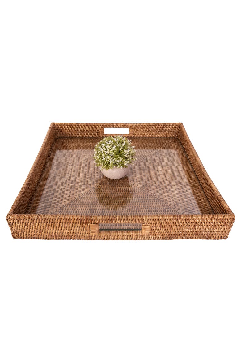 Artifacts Rattan Square Serving Ottoman Trays with Glass Insert, Alternate, color, Honey Brown
