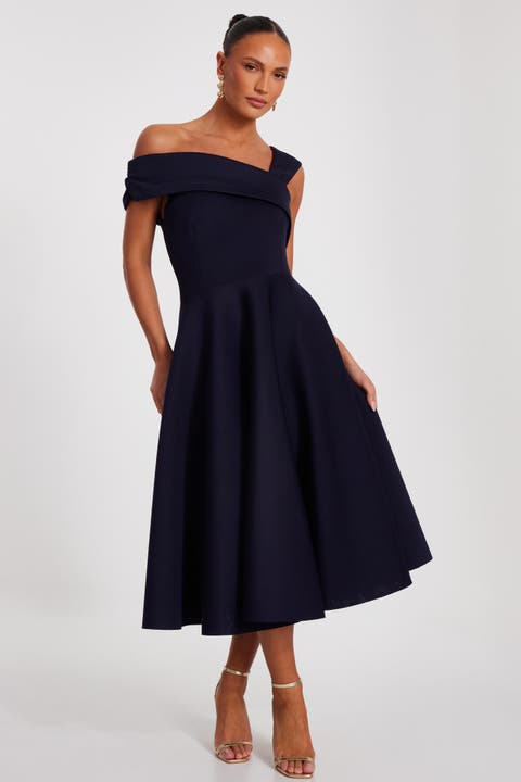 Scuba Crepe Asymmetric Midi Skater Dress