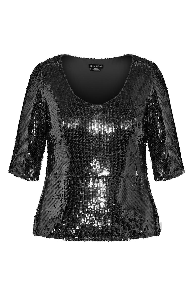 City Chic Sequin Peplum Top, Alternate, color, Black