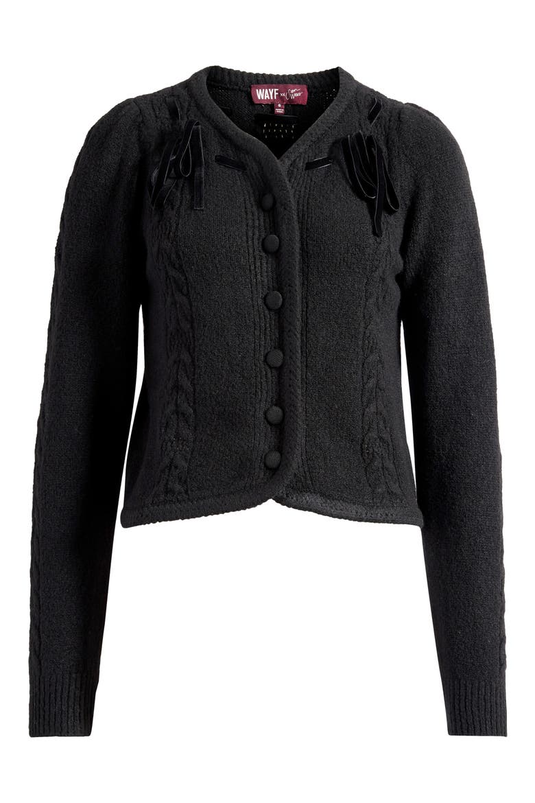 x Sara Walker Jackie Velvet Bow Cable Stitch Cardigan, Alternate, color, BLACK