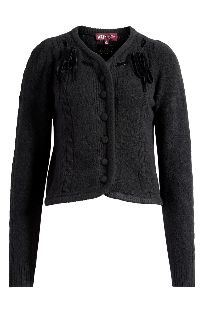 WAYF x Sara Walker Jackie Velvet Bow Cable Stitch Cardigan, Alternate, color, Black