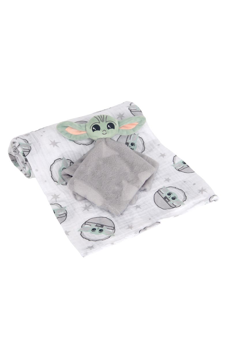 Lambs & Ivy Star Wars Baby Yoda/The Child Swaddle Blanket & Lovey Gift Set, Main, color, White