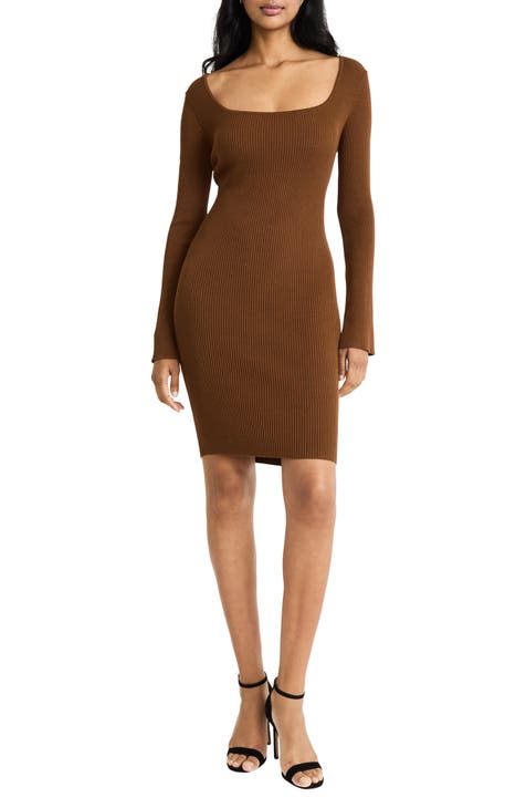 Square Neck Long Sleeve Sweater Dress