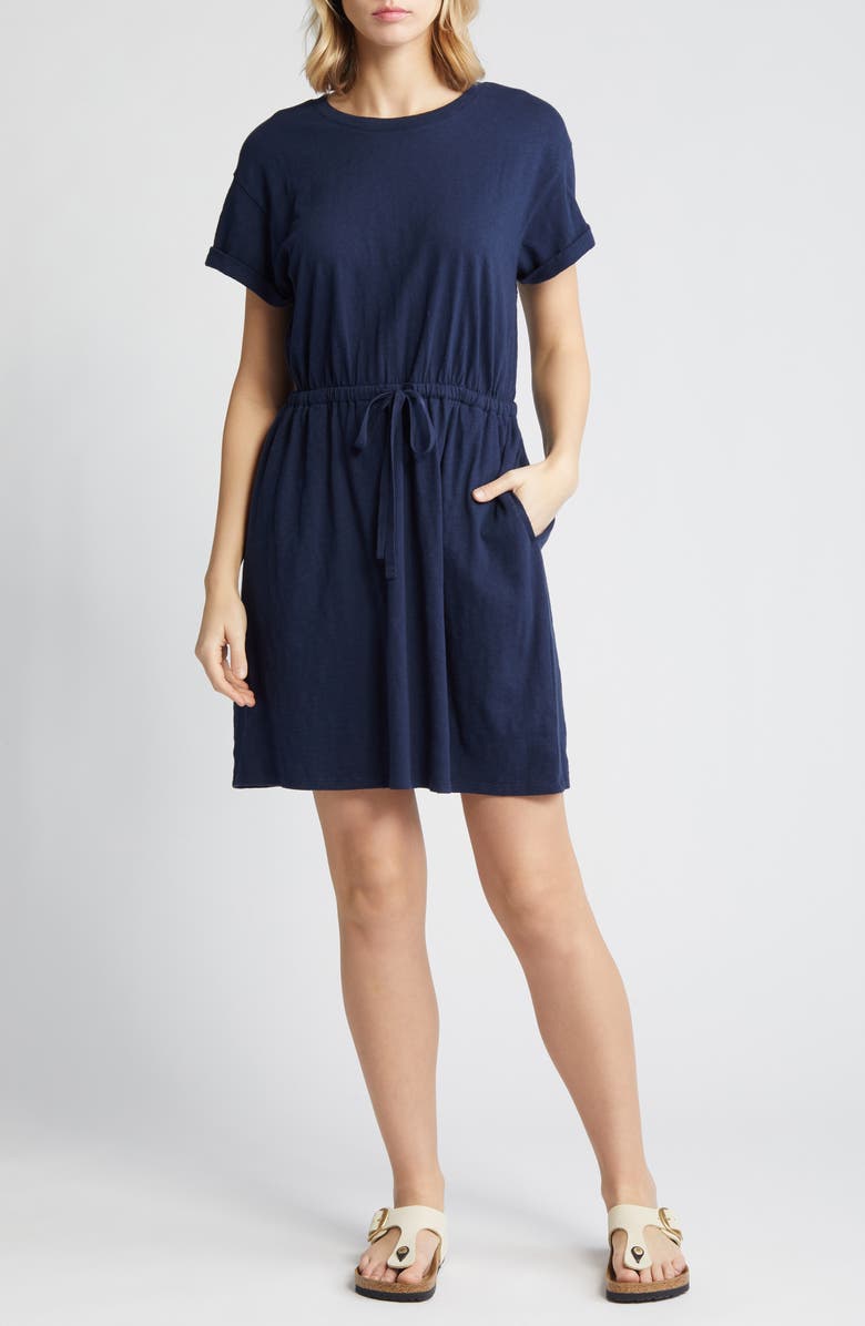 Caslon<sup>®</sup> Drawstring Waist Organic Cotton T-Shirt Dress, Main, color, Navy Blazer