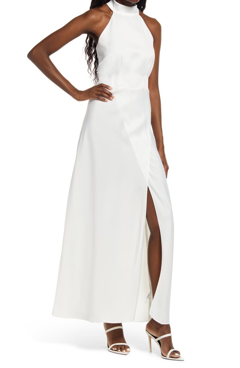 WAYF Cora Mock Neck Slit Front Maxi Dress, Main, color,