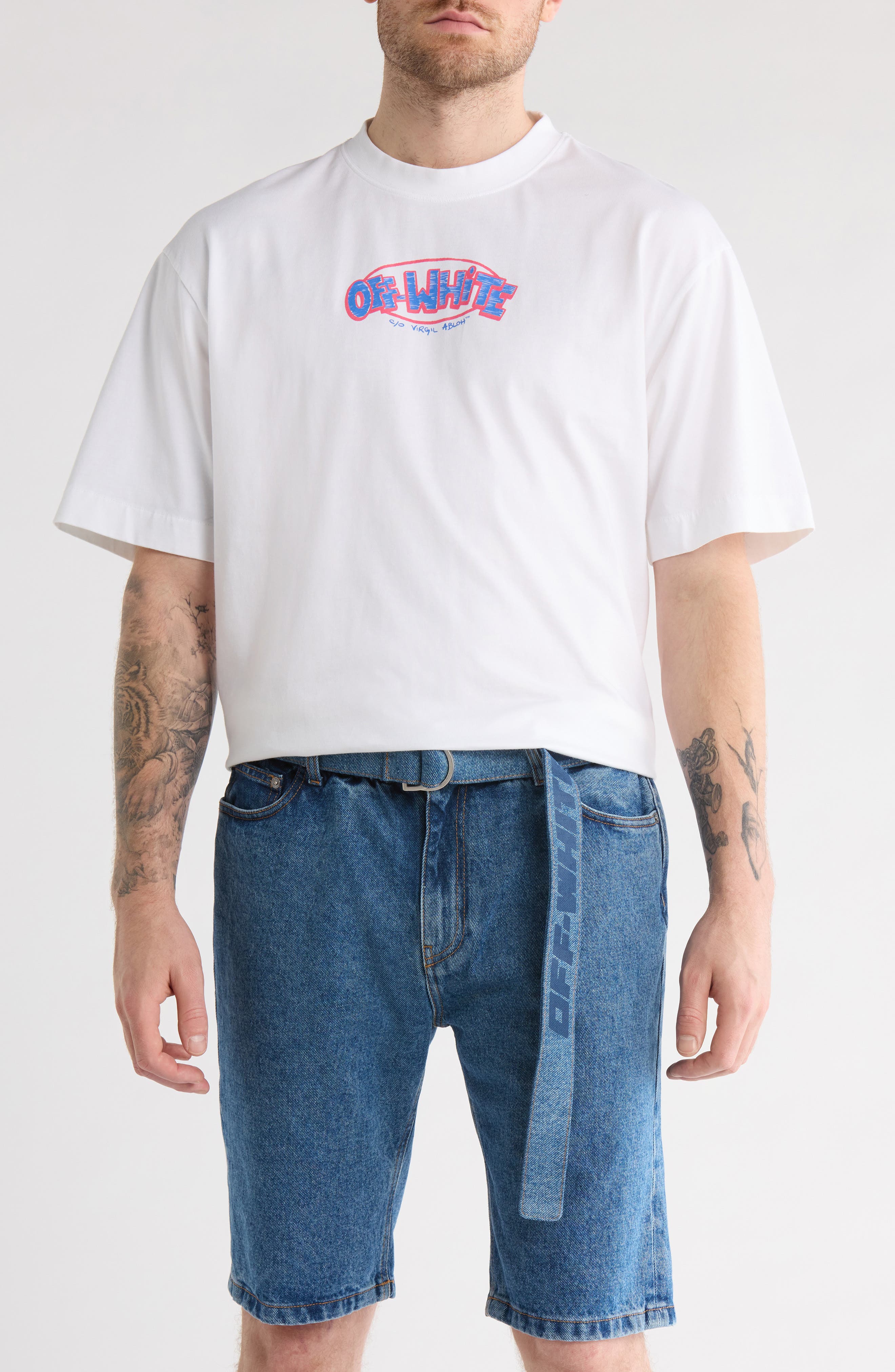 Off-White Industrial Slim Belted Denim Shorts
