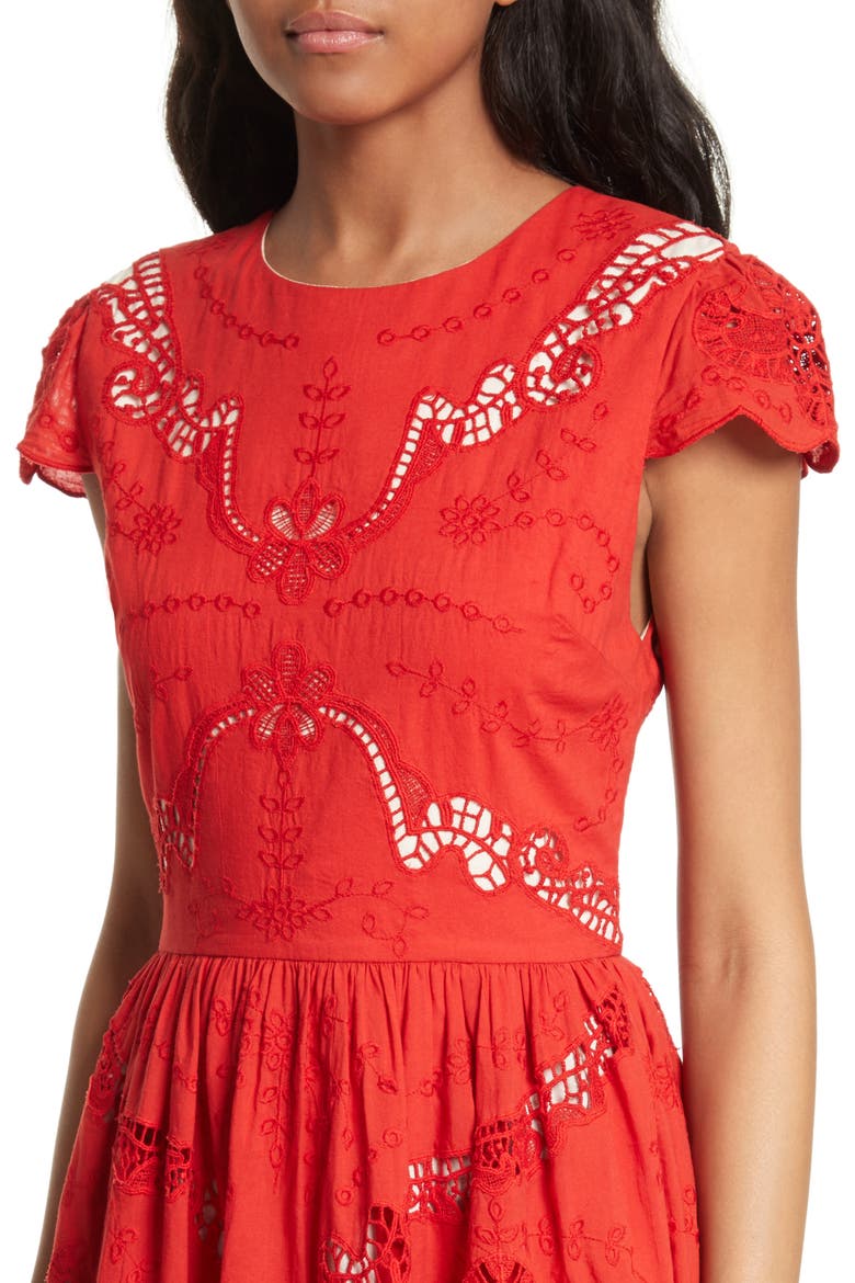 Karen Eyelet Embroidered Party Dress, Alternate, color, POPPY