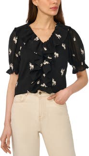 CeCe Embroidered Floral Ruffle Top