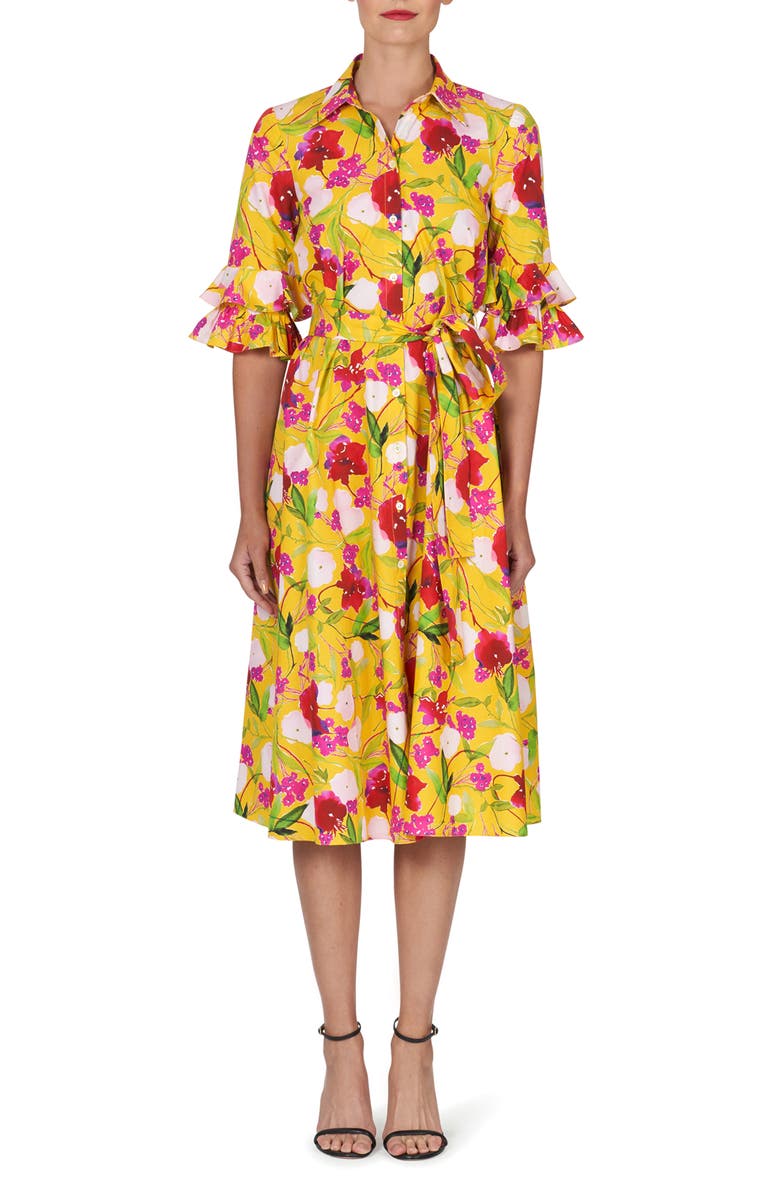 Carolina Herrera Floral Print Ruffle Cuff Cotton Shirtdress, Main, color, Taxi Cab Multi