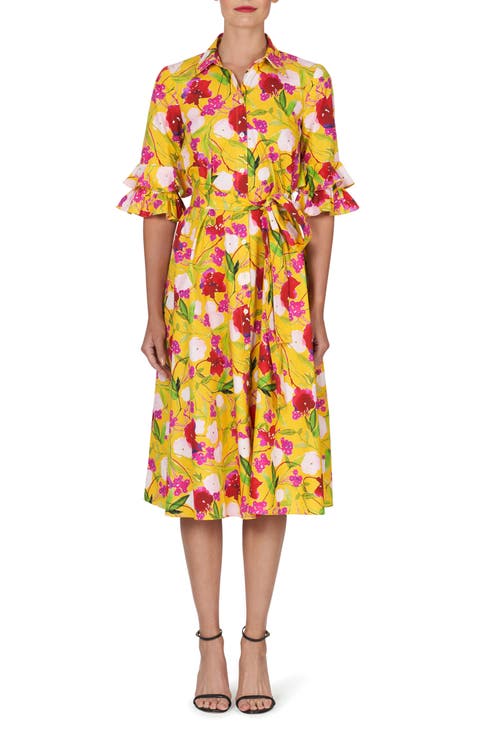 Floral Print Ruffle Cuff Cotton Shirtdress