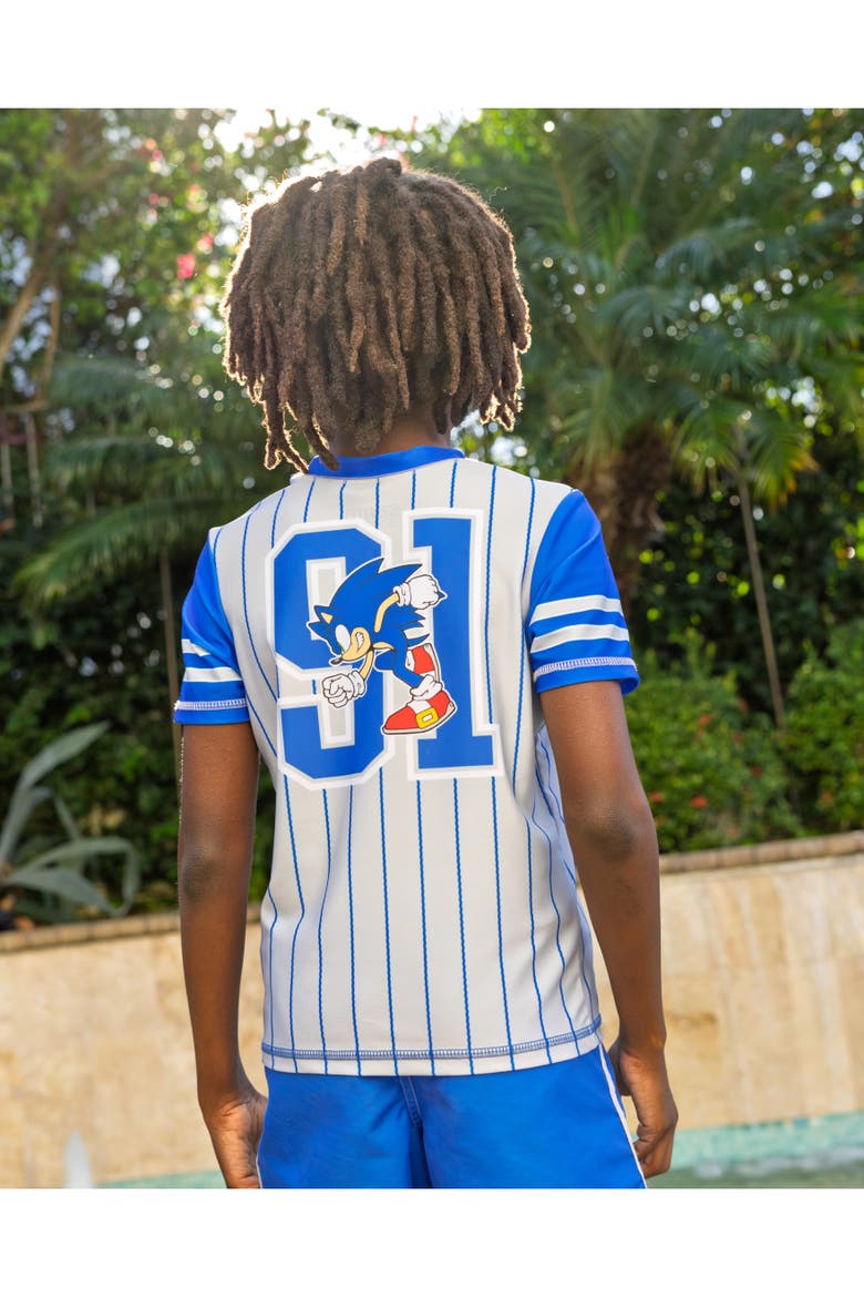 Sonic the Hedgehog 2-Piece Swimwear Rash Guard and Swim Trunks Set, Alternate, color, Sonic Grey Blue