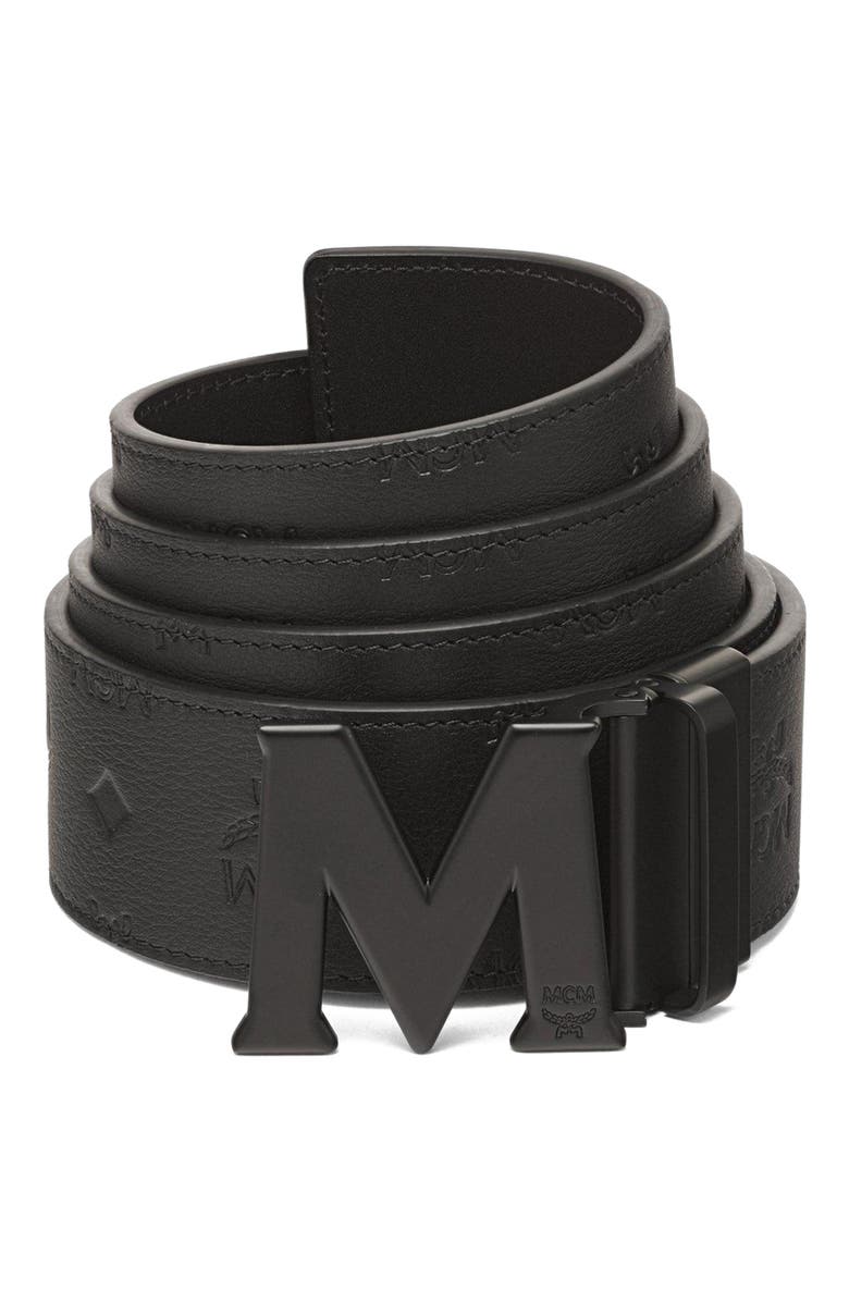 MCM Claus M Reversible Belt 1.75 in Embossed Monogram Leather, Main, color, Black / Matte Black