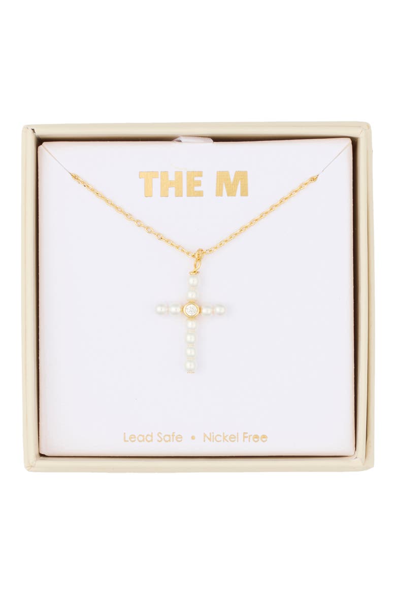 Faux Pearl and Cubic Zirconia Cross Pendant Necklace, Main, color, GOLD