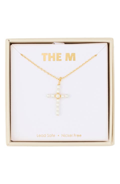 Faux Pearl and Cubic Zirconia Cross Pendant Necklace