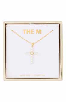 Faux Pearl and Cubic Zirconia Cross Pendant Necklace