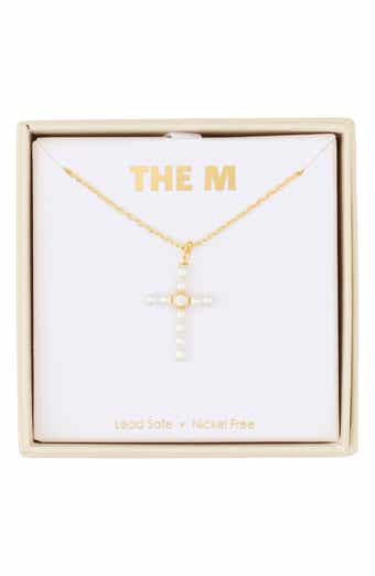 Faux Pearl and Cubic Zirconia Cross Pendant Necklace