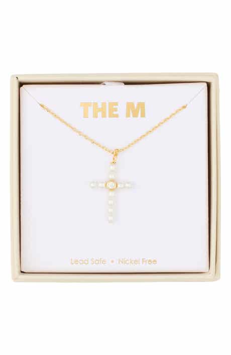 Faux Pearl and Cubic Zirconia Cross Pendant Necklace