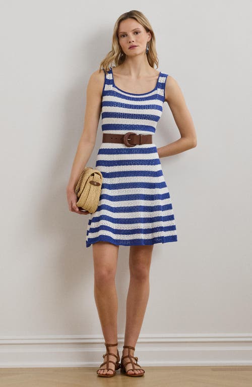 Ralph Lauren Striped Pointelle-knit Sweater Dress In Blue