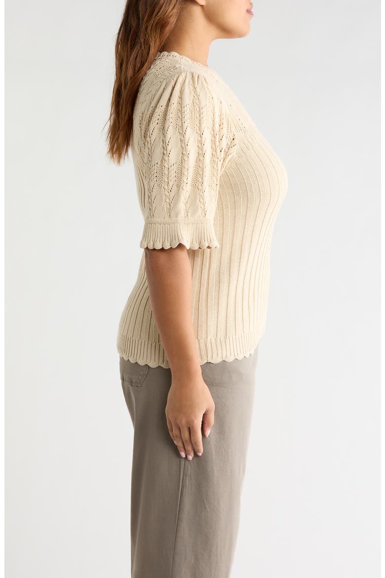 Frill Sleeve Mixed Stitch Cotton Blend Sweater, Alternate, color, DEEP MACADAMIA