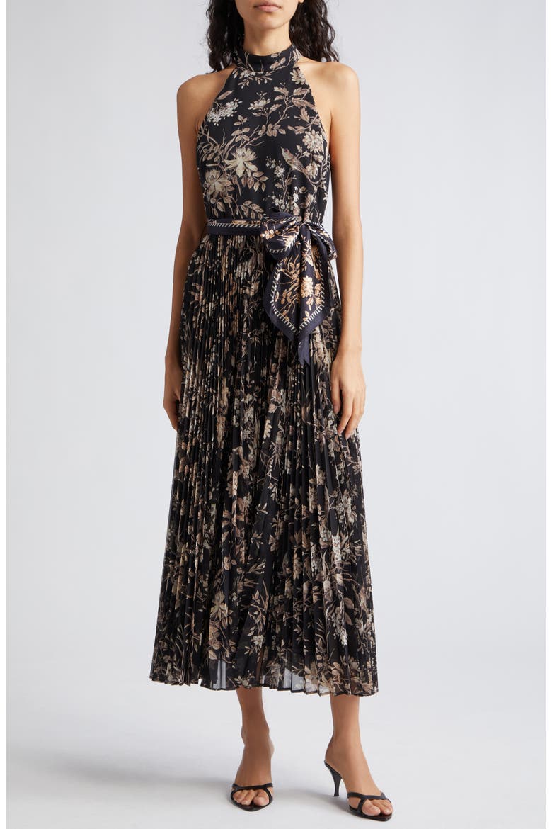Sunray Picnic Pleated Chiffon Midi Dress, Main, color, BLACK MOCKINGBIRD