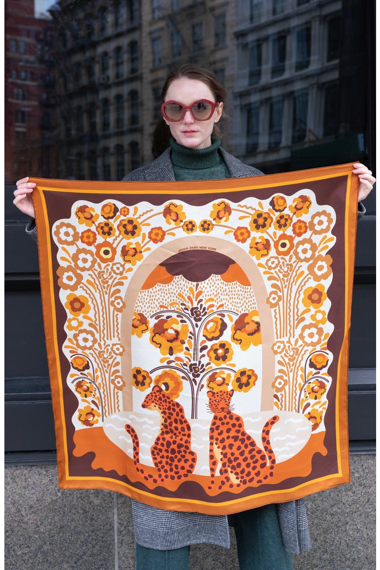 Double Sided Silk Scarf Of Leopards With Floral Fountain, Alternate, color, Brown