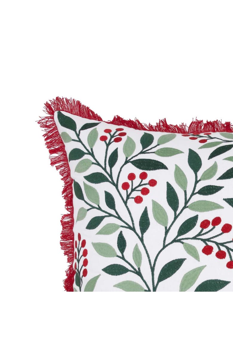 Embroidered Holly Berry Vines Foliage Fringed Christmas Throw Pillow 18" x 18", Alternate, color, Green