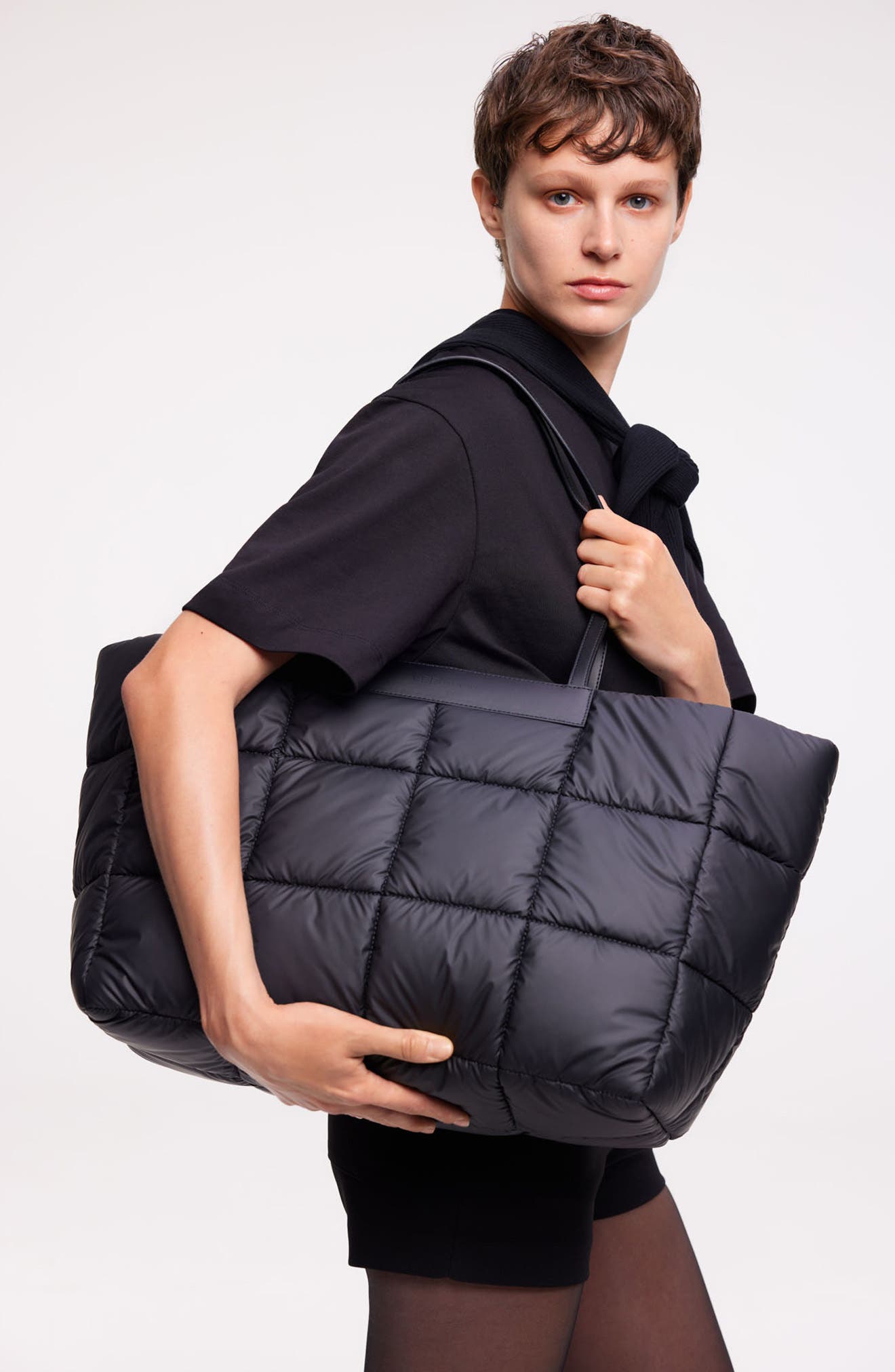 VeeCollective Porter Marché Water Resistant Quilted Recycled Nylon Tote, Alternate, color, Matte Black