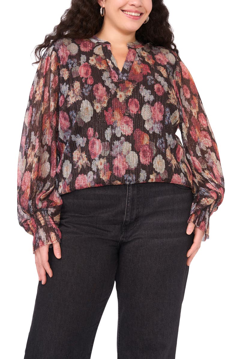 Vince Camuto Metallic Floral Plissé Top, Main, color, Rich Black