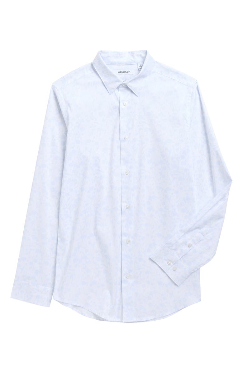 Calvin Klein Kids' Dotted Floral Print Stretch Button-Up Shirt, Main, color, Light Blue