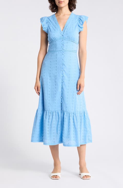 Embroidered Eyelet Cap Sleeve Cotton Poplin Midi Dress