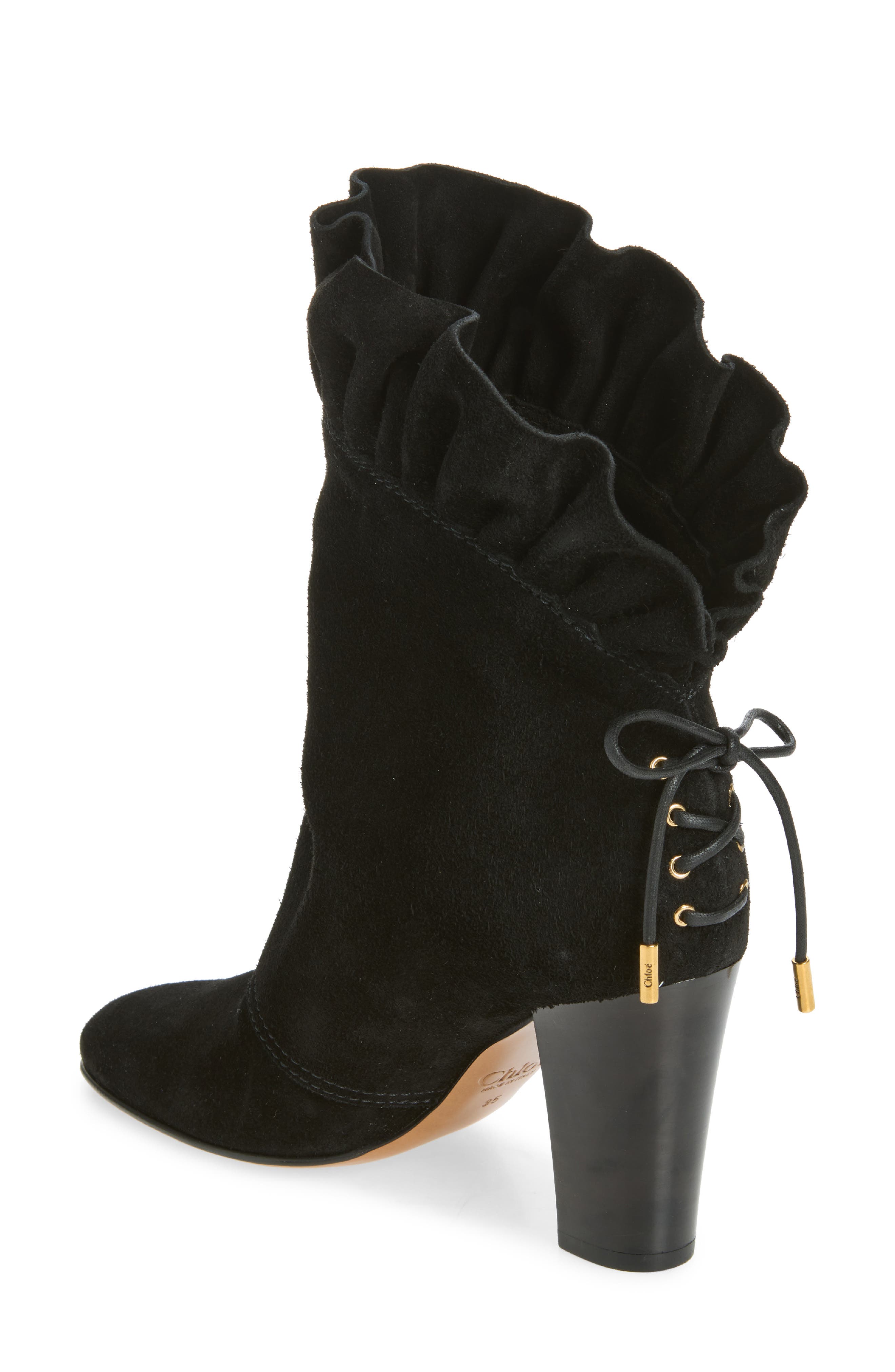 Anouk Ruffled Suede Ankle Boot, Alternate, color, BLACK