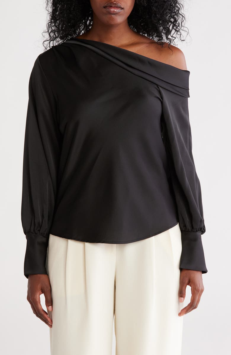 Renee C Asymmetrical Drop Shoulder Satin Top, Main, color, Black