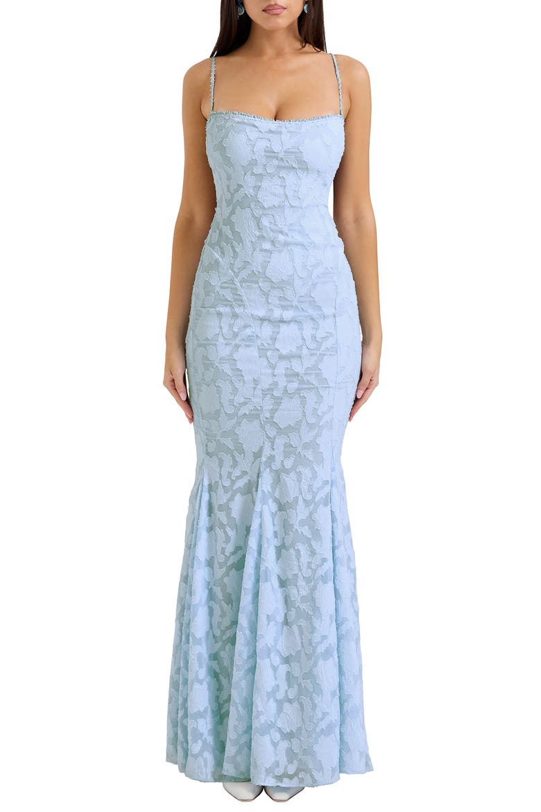 Joan-B Back Lacing Floral Jacquard Dress, Main, color, SKYRIDE