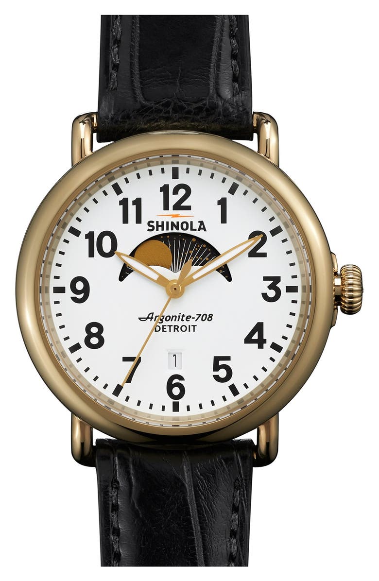 Shinola The Runwell Moon Phase Alligator Strap Watch, 41mm, Main, color,