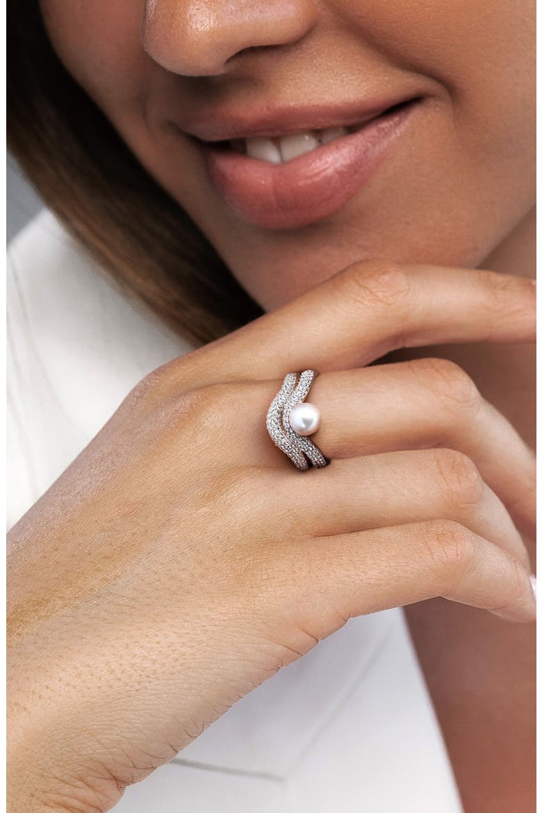 Set of 2 Sterling Silver Pavé White Topaz & Cultured Pearl Wavy Band Rings, Alternate, color, WHITE