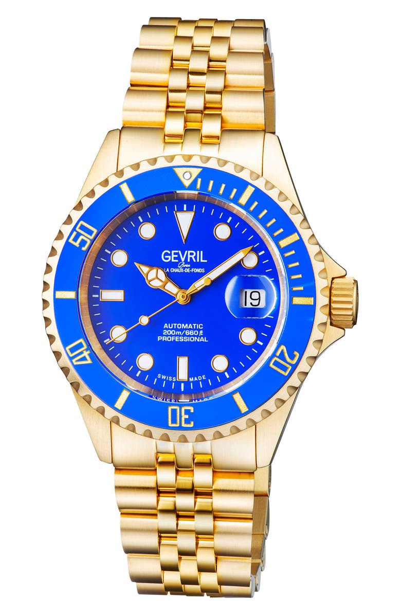 GEVRIL Wall Street GMT Bracelet Watch, 43mm, Main, color, Gold/ Blue