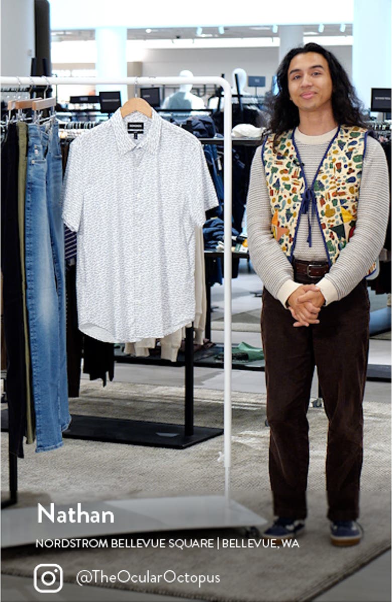 Tech Shark Print Short Sleeve Performance Button-Up Shirt, sales video thumbnail