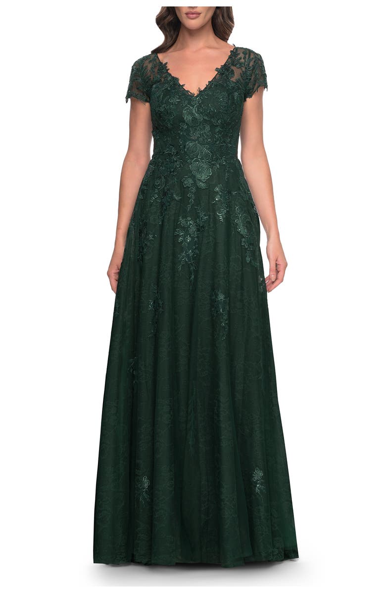 La Femme A-Line Dress with Lace Applique and Sheer Short Sleeves, Main, color, Emerald