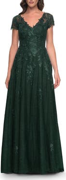 La Femme A-Line Dress with Lace Applique and Sheer Short Sleeves